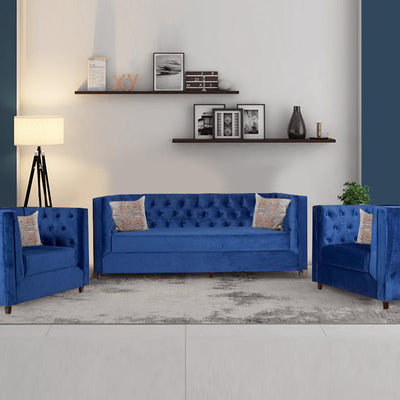Windsor Sofa Set In Blue Velvet Fabric (3+1+1)