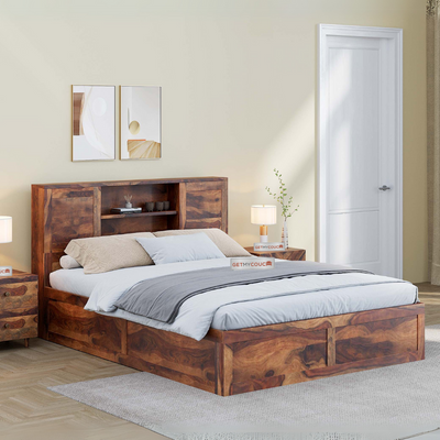 Nightingale Sheesham Wood Bed with Headboard Storage in Honey Finish